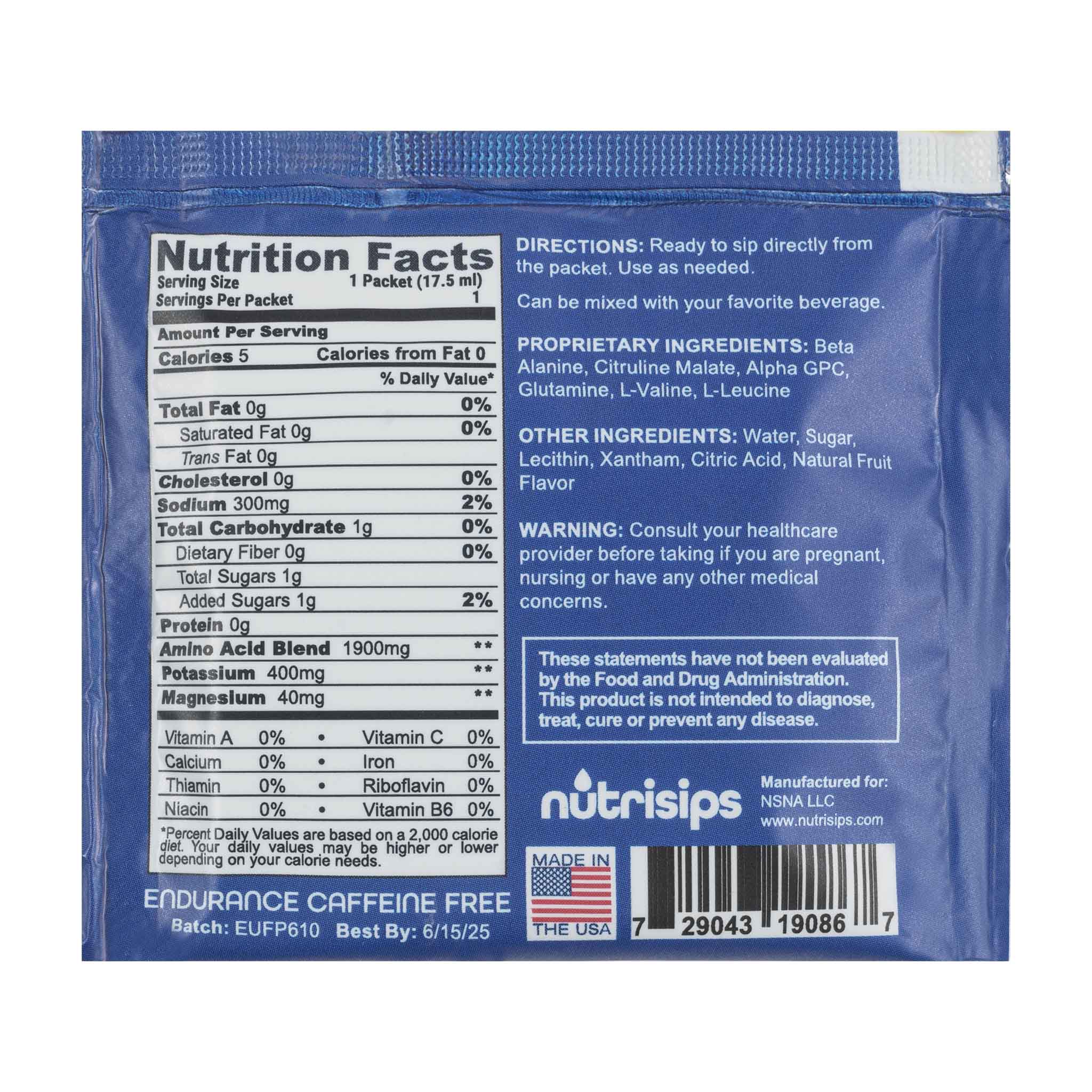 Back View Nutrisips Endurance Caffeine Free Ready to Sip Gel - Single Serve Packet