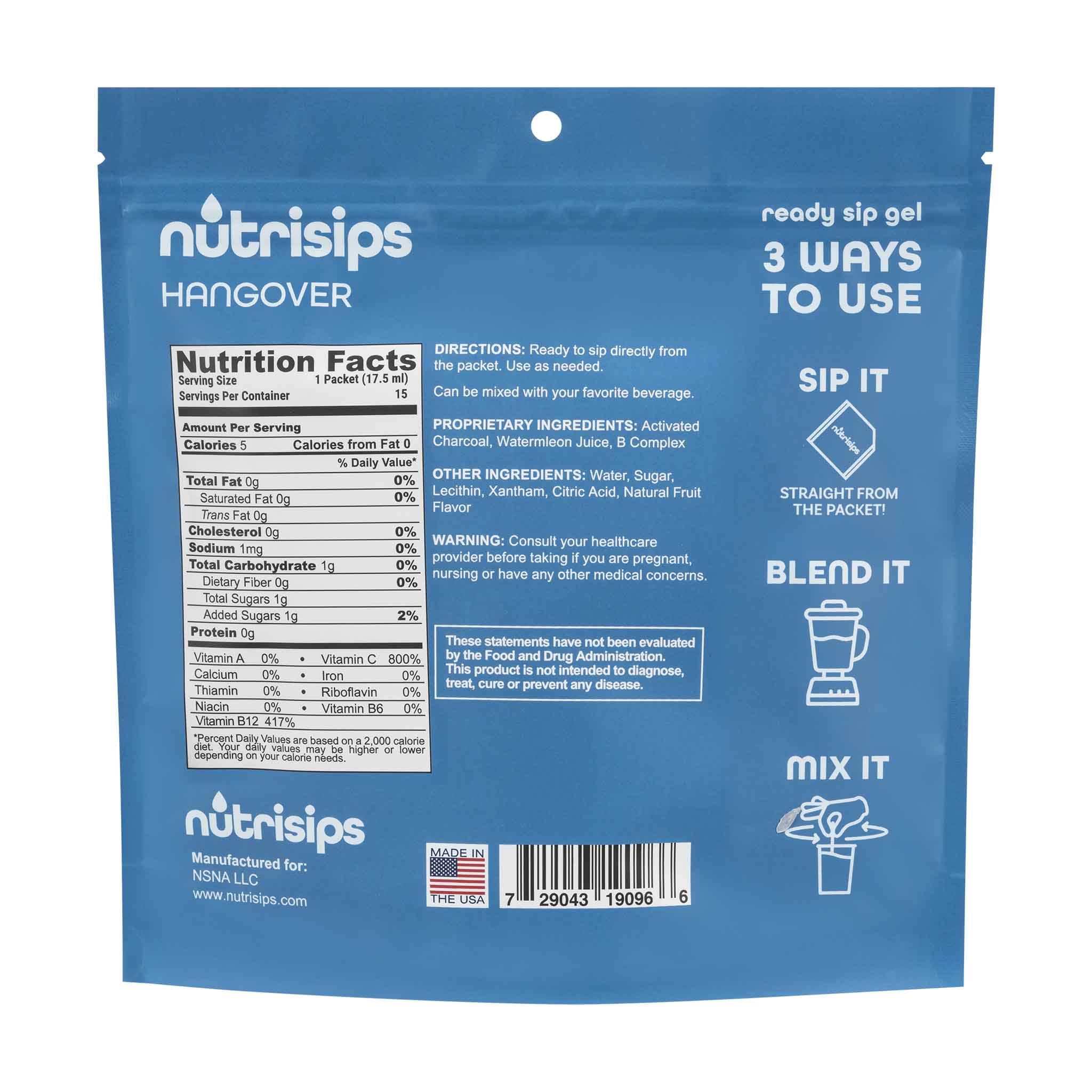 Nutrition facts and serving size information for Nutrisips Hangover Ready to Sip Gel - 15 Count Bag