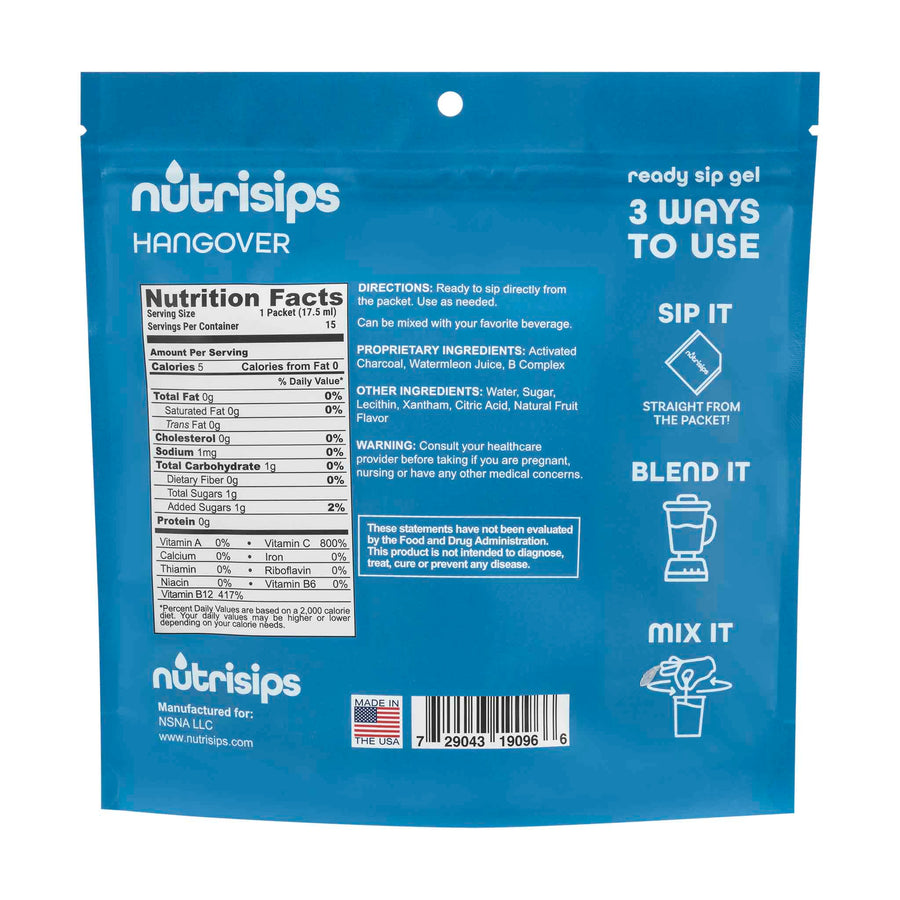 Nutrition facts and serving size information for Nutrisips Hangover Ready to Sip Gel - 15 Count Bag