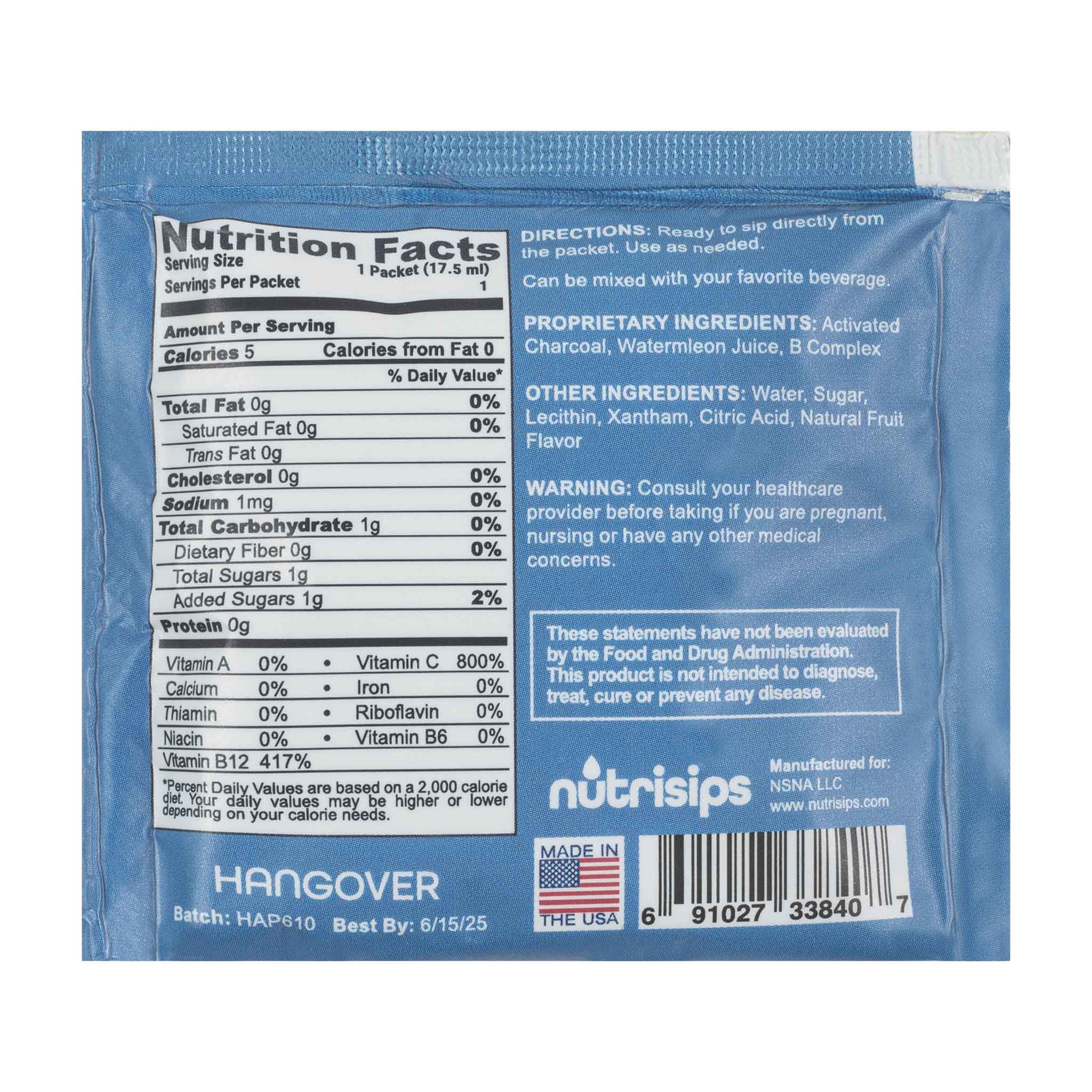 Back view Nutrisips Hangover Ready to Sip Gel - Single Serve Packet