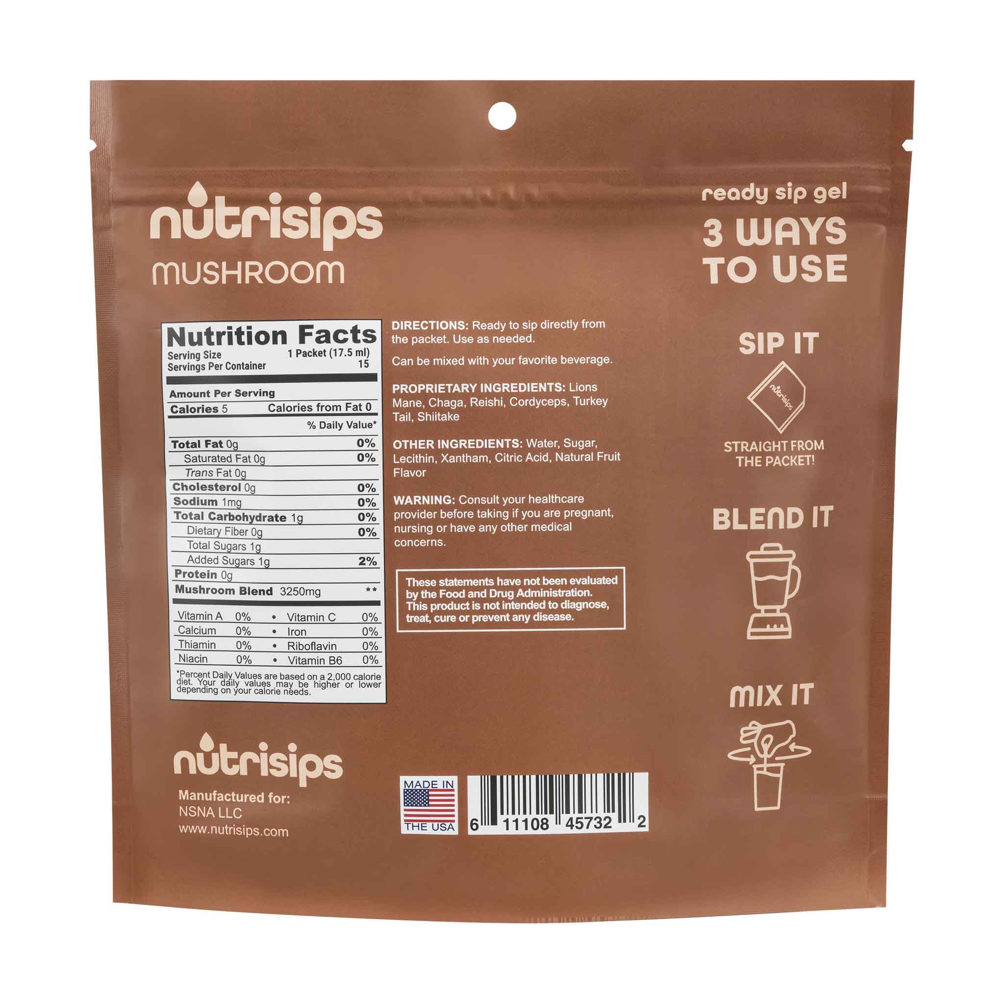 Nutrition facts and serving size information for Nutrisips Mushroom Ready to Sip Gel