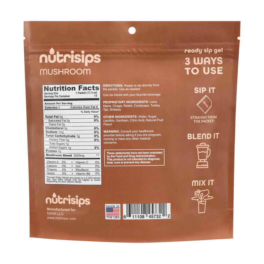 Nutrition facts and serving size information for Nutrisips Mushroom Ready to Sip Gel