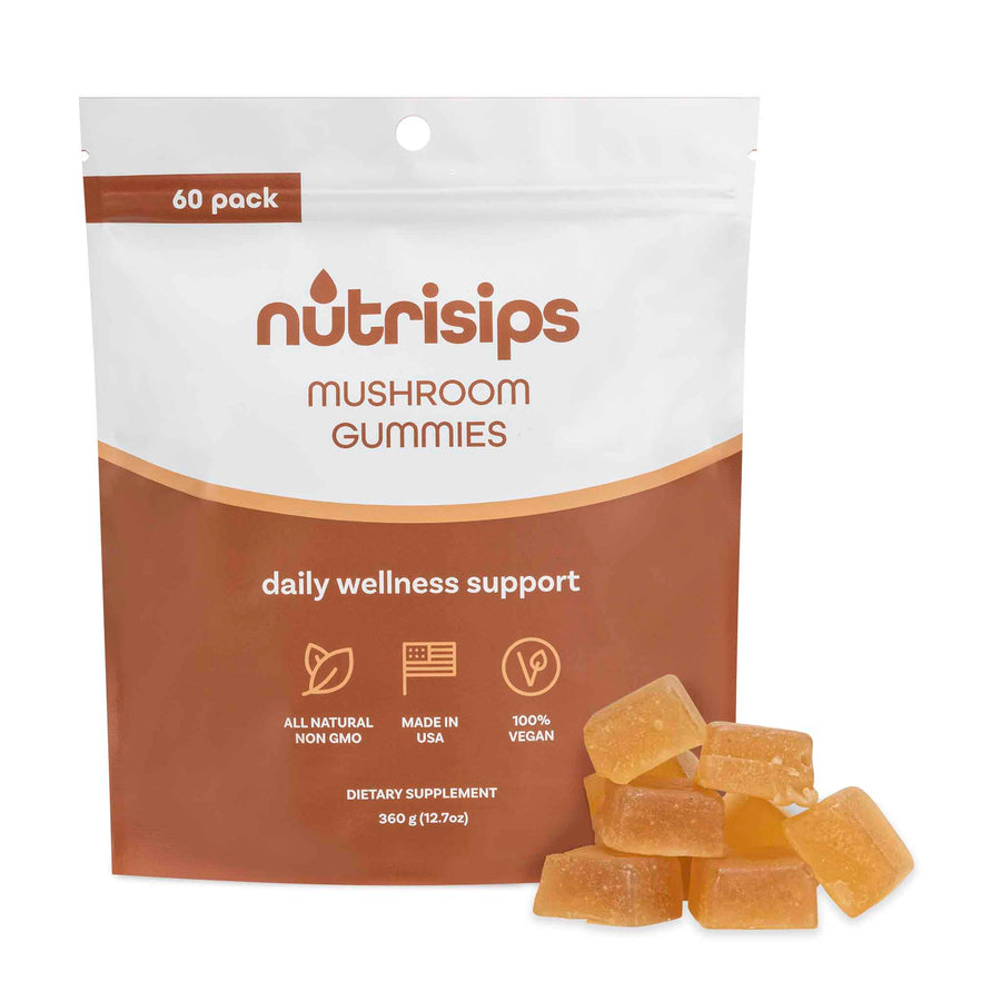 Nutrisips Mushroom Gummies Supplement Pack with a small pile of gummies next to bag.