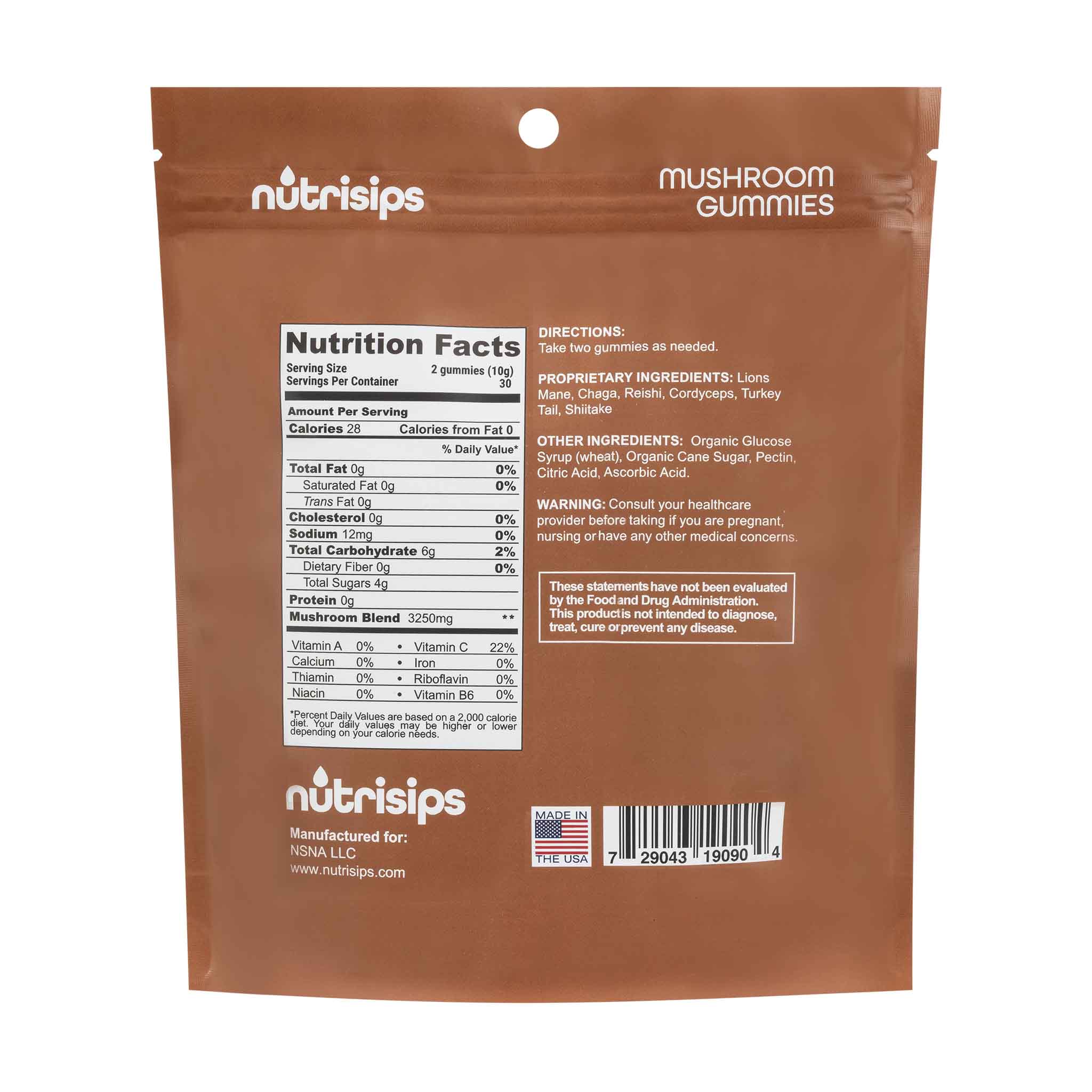 Nutrition facts and serving size for Nutrisips Mushroom Gummies Supplement