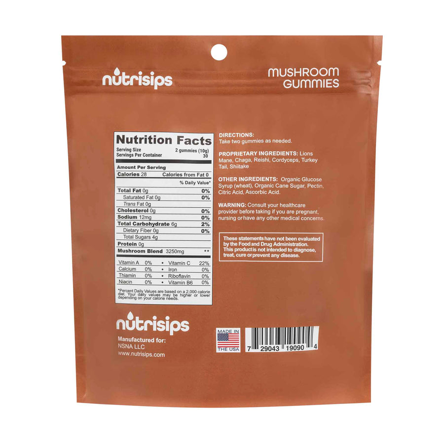 Nutrition facts and serving size for Nutrisips Mushroom Gummies Supplement