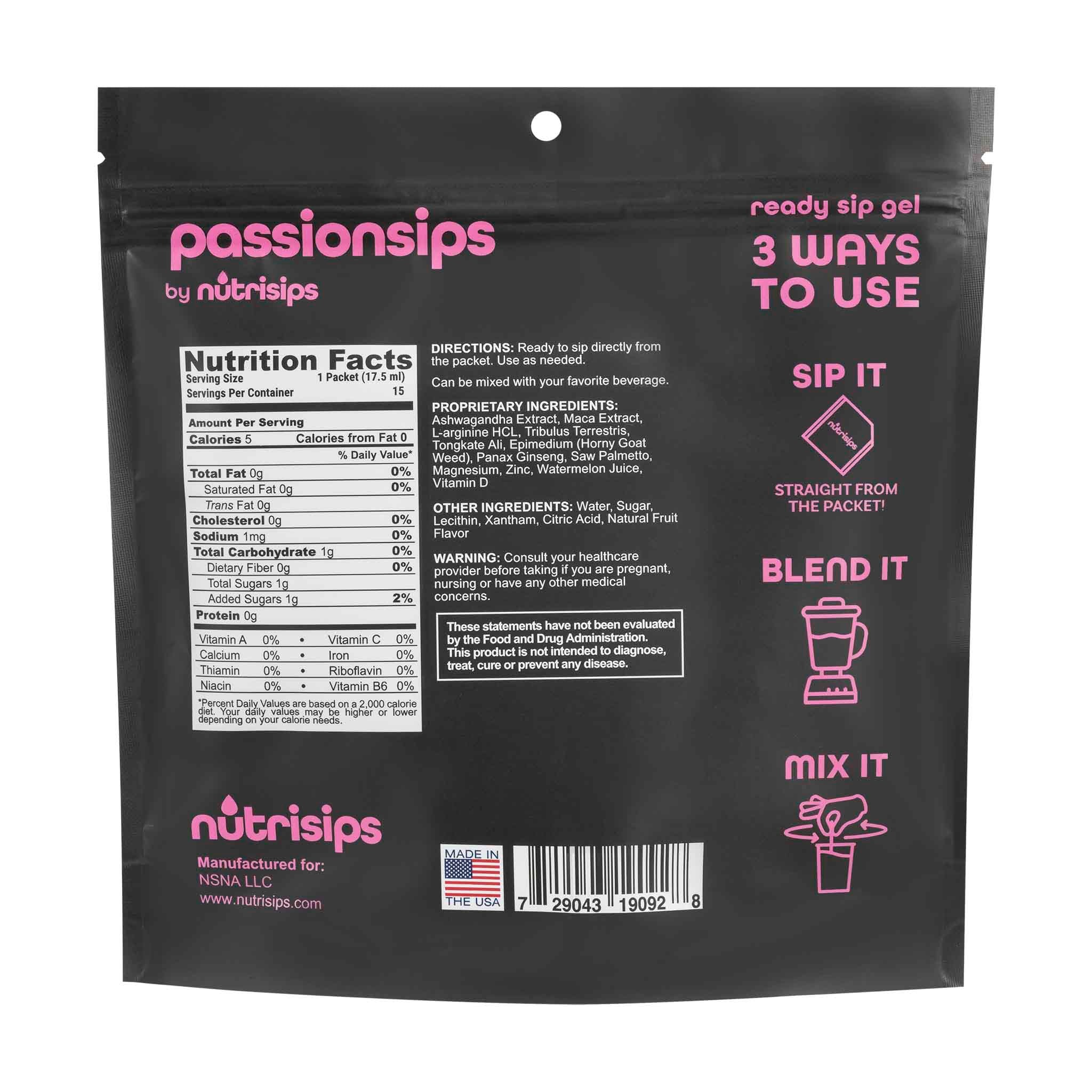 Nutrition facts and serving size information for Nutrisips Passionsips Ready to Sip Gel