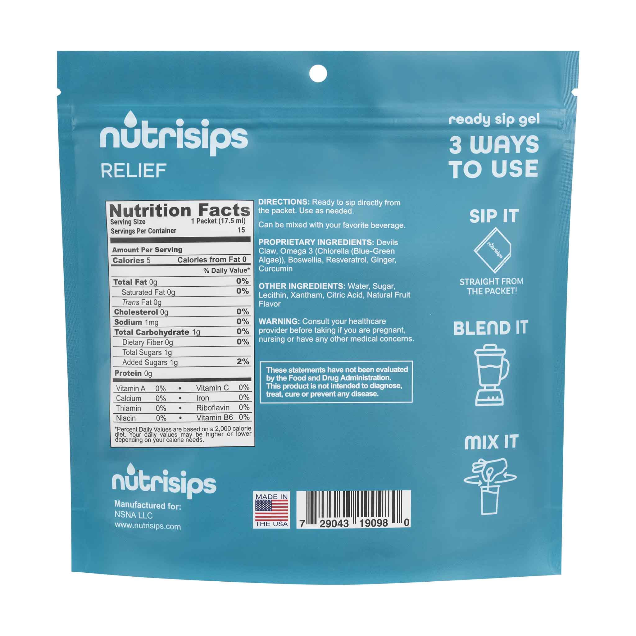 Nutrition facts and serving size information for Nutrisips Relief Ready to Sip Gel