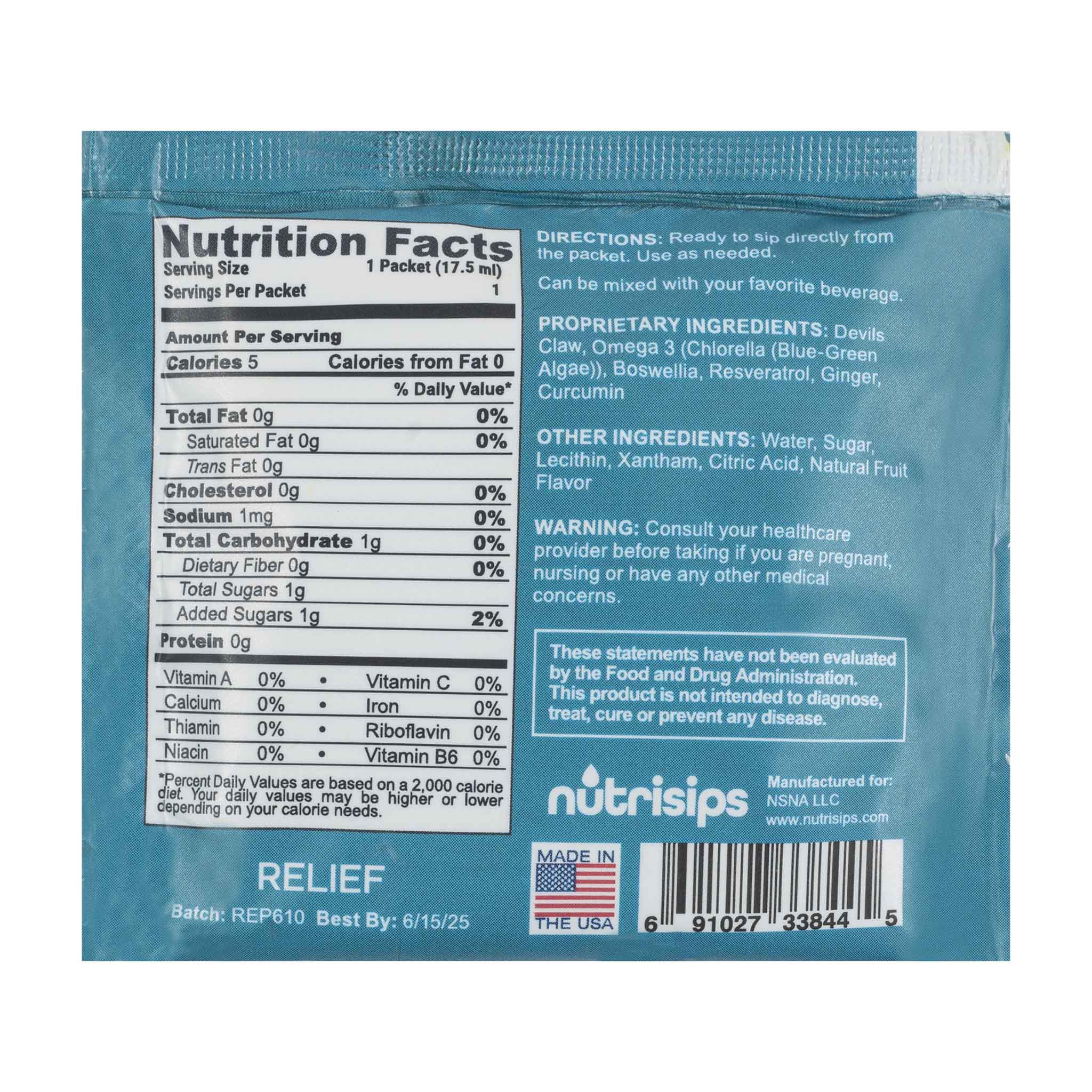 Back view Nutrisips Relief Ready to Sip Gel - single serve packet