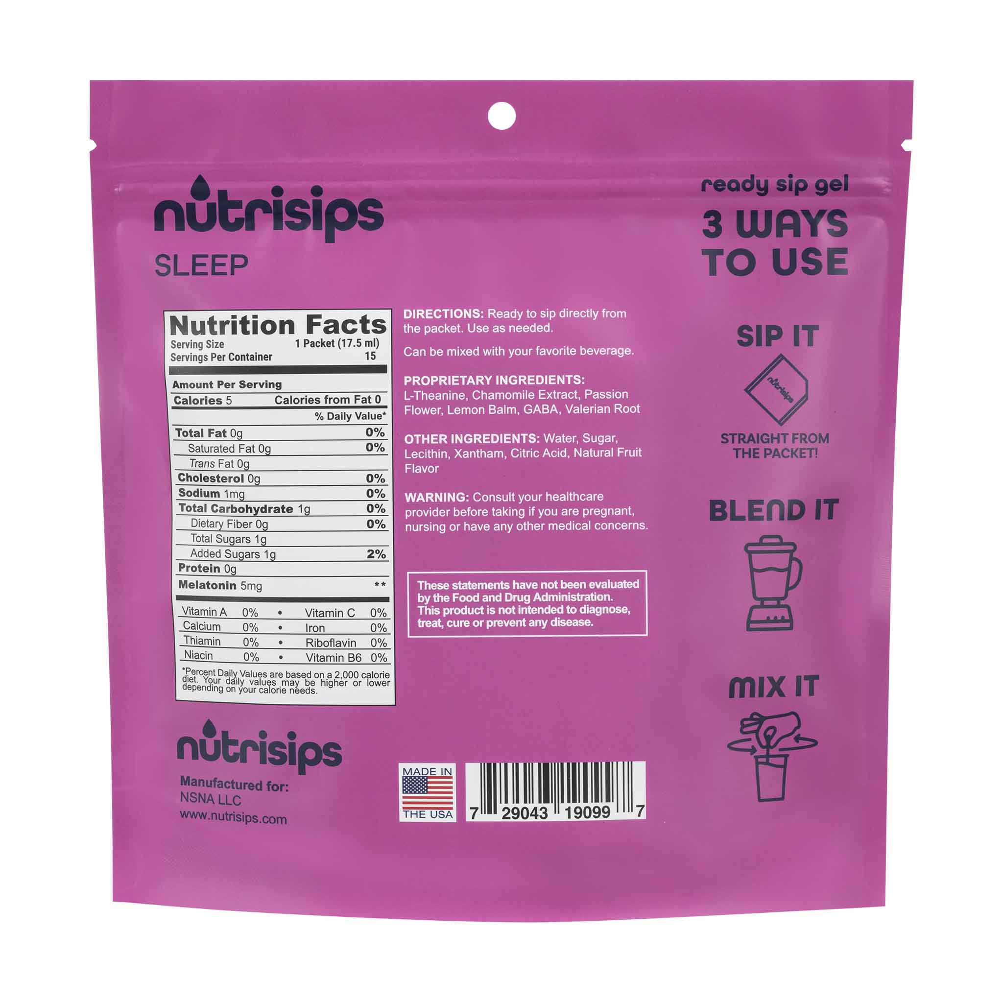 Nutrition facts and serving size information for Nutrisips Sleep Ready to Sip Gel 15 Count