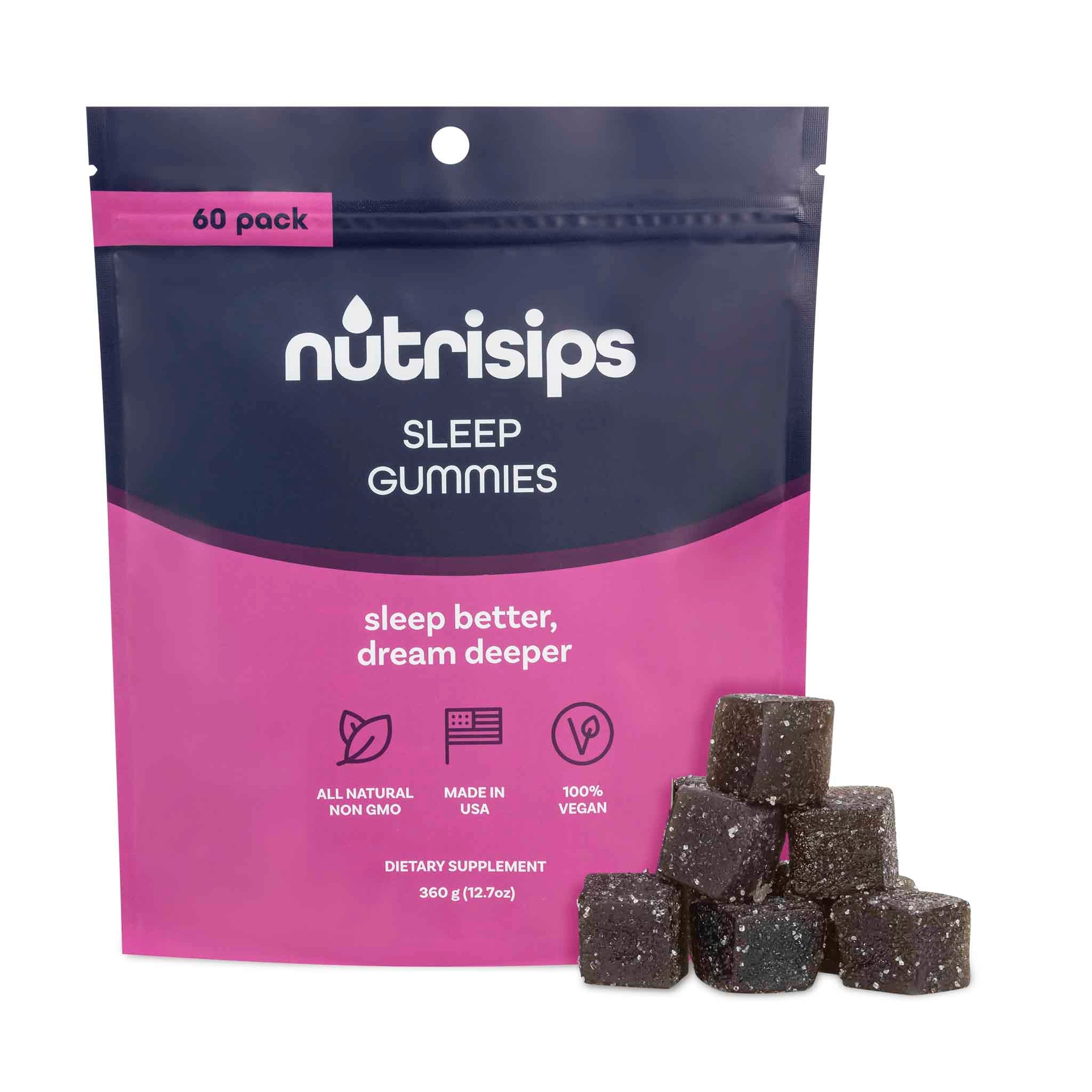 Nutrisips Sleep Gummies Supplement 60 Count package shown with a small pile of gummies next to bag.