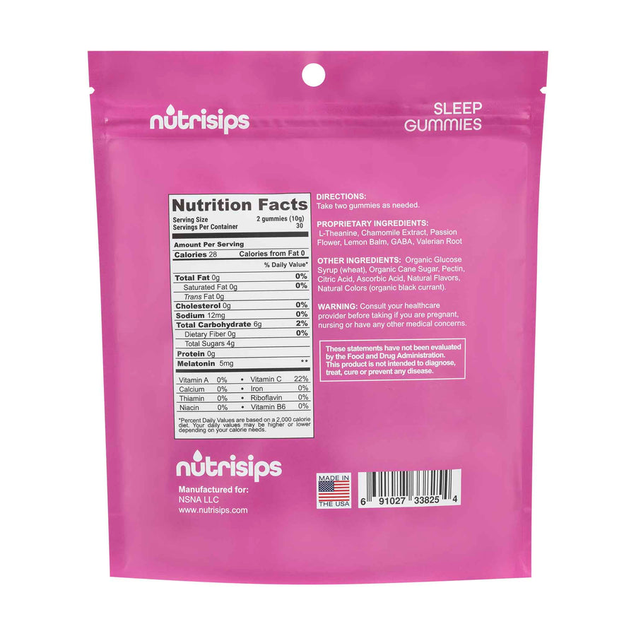 Nutrition facts and serving size information for Nutrisips Sleep Gummies Supplement 60 Count