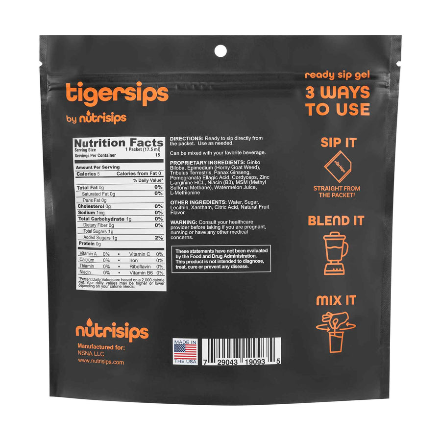 Nutrition facts and serving size information for Nutrisips Tigersips Ready to Sip Gel 15 Count